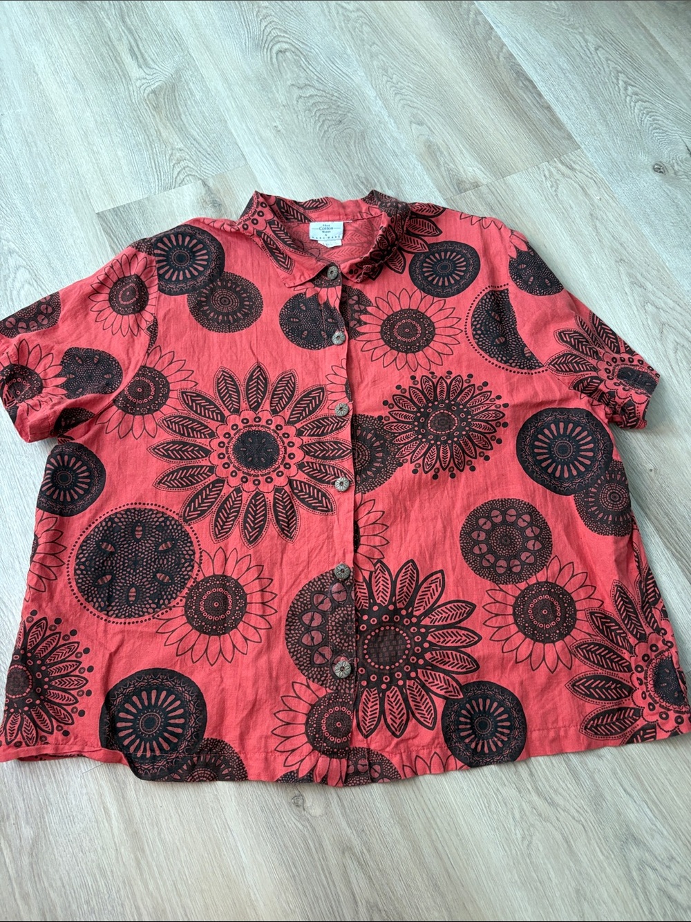 Hot Cotton Red Black Medallion Floral Button Up Shirt Plus Size 3X lagenlook